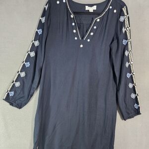 ANTHROPOLOGIE Velvet by Graham Spencer Navy Vneck Dress Boho Embroidery Medium